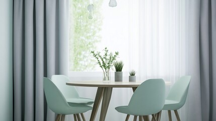 A minimal dining room with a round wooden table, four light blue chairs, and greenery in vases on the table.  The large window is covered with white curtains and gray drapes.