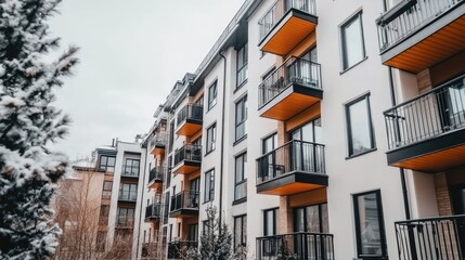 Obraz premium A new residential building showcases modern architecture with sleek black brick and minimalist design along a picturesque street on a cloudy day.