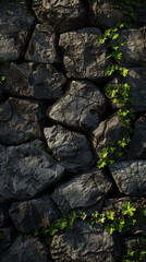 Black stone wall with green vines growing between rocks, AI Generation