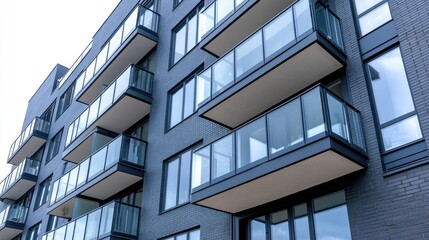 A new residential building showcases modern architecture with sleek black brick and minimalist design along a picturesque street on a cloudy day.