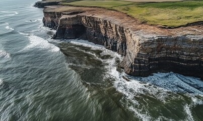 Aerial view of waves crashing into an eroded cliff face along a rugged coastline