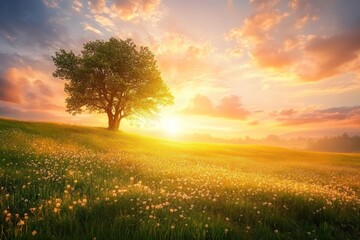 Obraz premium Solitary Tree on a Field of Wildflowers at Sunset