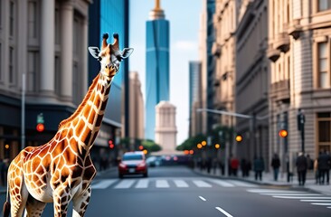 Obraz premium A giraffe walks along the streets of a modern city.
