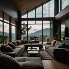 Fototapeta premium A modern living room with a large sectional sofa and a view of the mountains.