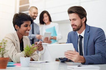 Fototapeta premium Corporate, tablet and collaboration for ideas, people and conversation for financial report and confident. Discussion, teamwork and paperwork for meeting, talking and project for actuary or boardroom