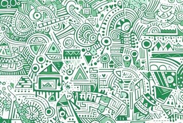 Obraz premium Intricate green and white pattern featuring simple line drawings of maze-like shapes filled with various patterns. The design showcases doodle art style against a plain green background.