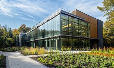 Obraz premium An innovative research lab building featuring a modern glass greenhouse design surrounded by nature\