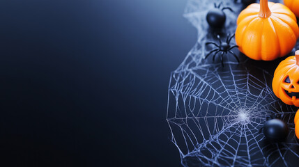 Halloween Themed Composition with Spiders and Webs on Black Background A creative Halloween layout featuring a detailed spider web with fake black spiders and jack-o'-lantern ornam