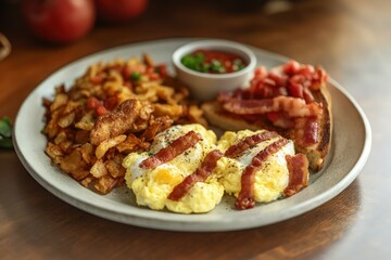 Indulge in this mouthwatering All-American breakfast! Fluffy scrambled eggs, crispy bacon, golden potatoes, and a zesty salsa. Perfect start!