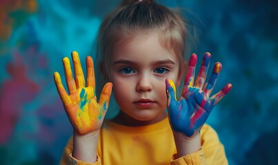 Beautiful young girl with colorful painted hands. Selective focus on hands. Art, creativity and childhood concept.