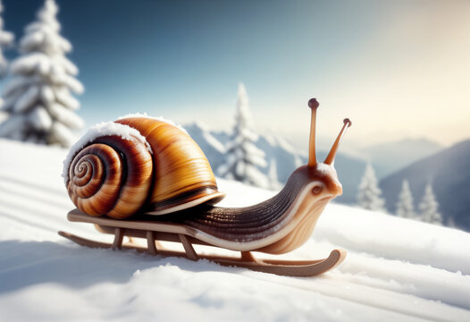 A snail rides or descends on a sled through the snow from the mountain against the background of Christmas trees. The concept of movement and full life when even a slow sloth does it