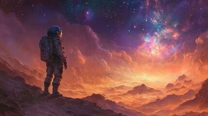 Space explorer standing on a distant planet looking up at a nebula-filled sky. 
