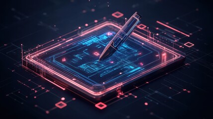 Futuristic Digital Stylus on a Holographic Display with Glowing Lines