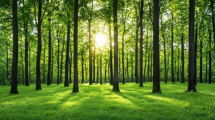 Fototapeta premium Sunbeams Through The Forest Trees.