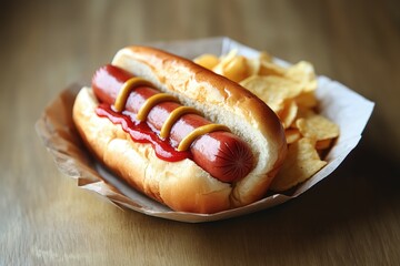 Savory Hot Dog with Ketchup, Mustard, and Crispy Chips. A classic American comfort food, perfect for a casual meal or snack.