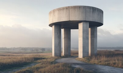 Brutalist water tower with thick, cylindrical concrete supports and a utilitarian, industrial design, looming over an empty landscape