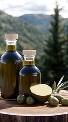 Bottles of olive oil alongside fresh green olives rest on a rustic wooden table, illuminated by warm sunlight in a lush olive orchard, reflecting natural beauty and culinary delight