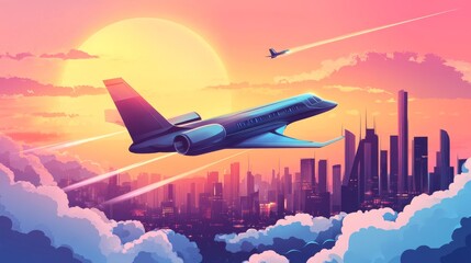 Vector design of a futuristic jet speeding through clouds over a futuristic city. 