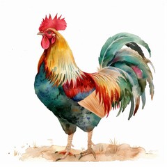Fototapeta premium Artistic watercolor portrayal of a rooster against a clean white backdrop, blending abstract