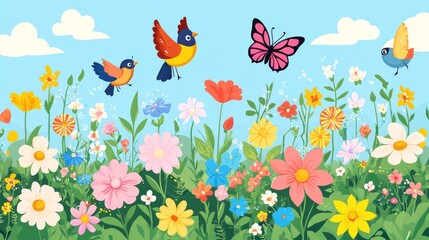 Vector illustration of a garden filled with colorful flowers, butterflies, and birds. 