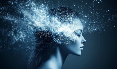 Woman head with digital data exploding