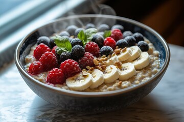 Warm Oatmeal topped with Raspberries, Blueberries, Banana and Nuts. A delicious and healthy breakfast! Enjoy the steaming goodness!