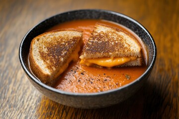 Warm, creamy tomato soup perfectly complements a golden-brown grilled cheese, a culinary delight!
