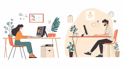 Two vector illustrations of two people working at their desks, one sitting and the other standing on white background. The man is using his laptop while looking for ideas in digital marketing 