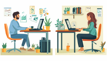 Flat illustrations of two people working together at their desks, with one person sitting on the left side and another woman seated to his right., Flat illustration style with simple shapes and lines,