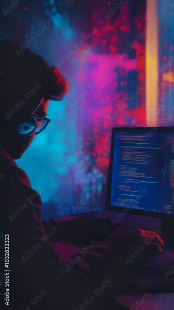Aufkleber Software developer coding late at night, focused on a complex project with computer screen glow. Evokes dedication in software development