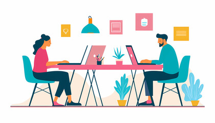 Flat illustrations of two people working together at their desks, with one person sitting on the left side and another woman seated to his right., Flat illustration style with simple shapes and lines,