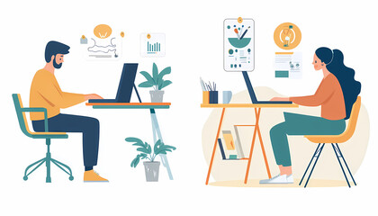 Flat illustrations of two people working together at their desks, with one person sitting on the left side and another woman seated to his right., Flat illustration style with simple shapes and lines,