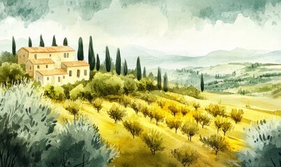 Naklejka premium Watercolor illustration landscape view of countryside panorama with olive trees, old farmhouses