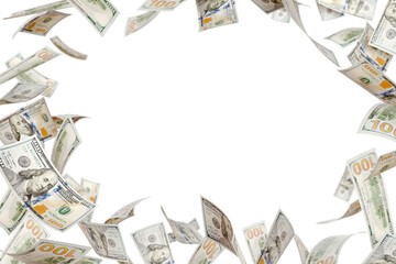 Border of Falling One Hundred Dollar Bills Isolated. Transparent PNG.