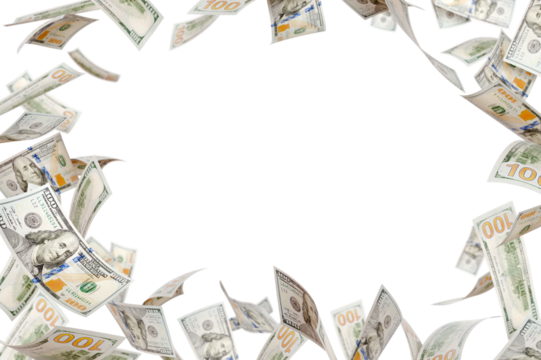 Border of Falling One Hundred Dollar Bills Isolated. Transparent PNG.