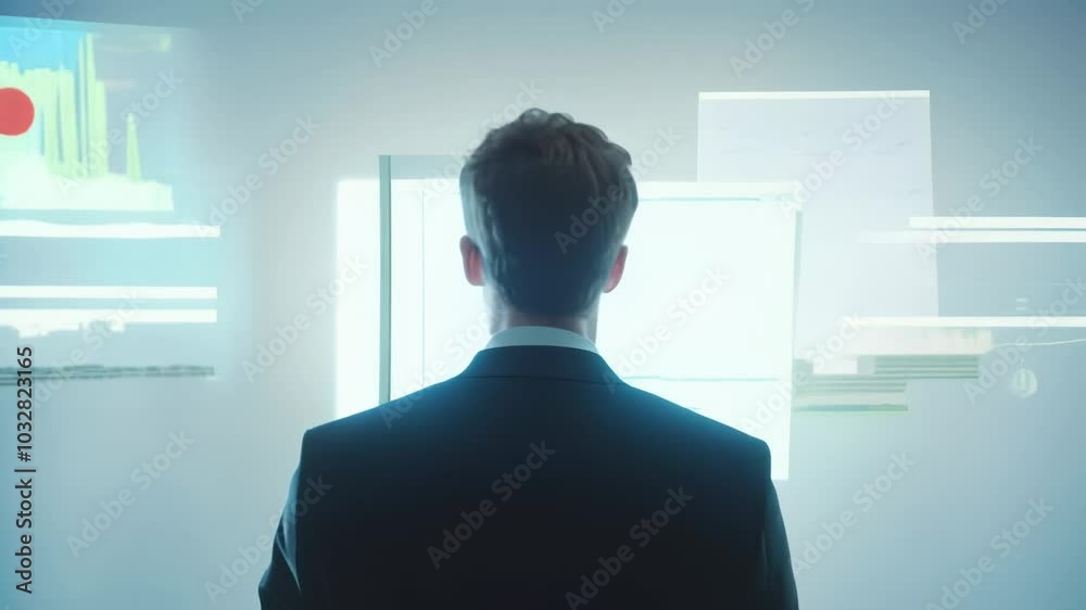 Poster Businessman is watching various virtual graphic interfaces, analyzing data and managing a complex system in a futuristic environment