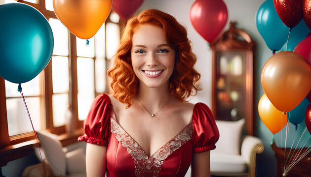 bella donna sorriso rossa di capelli vintage sorriso palloncini ritratto festa 