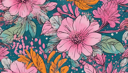 A decorative scarf featuring a hand-drawn pattern of colorful flowers in shades of pink, complemented by vibrant hues of yellow and green.