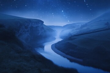 Naklejka premium A Serene Nighttime Landscape with a River Flowing Through a Valley Under a Starry Sky