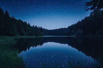Fototapeta premium Starry Night Reflecting in a Still Forest Lake