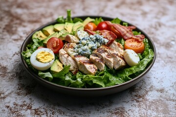 A vibrant Cobb salad bursts with flavor! Grilled chicken, crispy bacon, avocado, blue cheese, hard-boiled eggs, and juicy tomatoes.