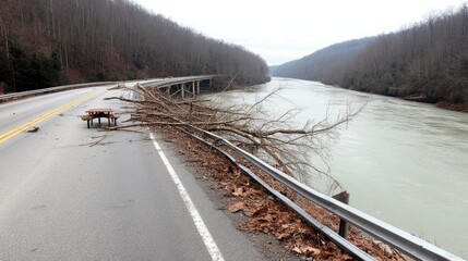 Massive floodwaters have destroyed the road adjacent to a West Virginia store, scattering trees and debris, while the river flows at a dangerously high level.