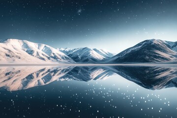 Naklejka premium Snow-capped Mountains Reflected in a Still Lake Under a Starry Sky