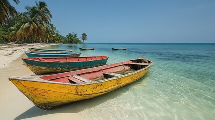 Naklejka premium Colorful boats on a tranquil beach.