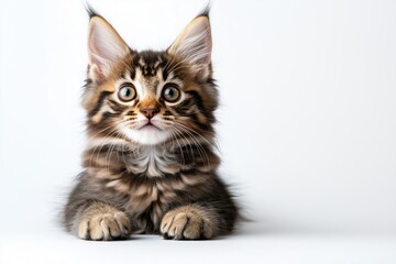 Obraz premium A cute Maine Coon kitten with wide eyes, looking surprised, isolated on a white background.