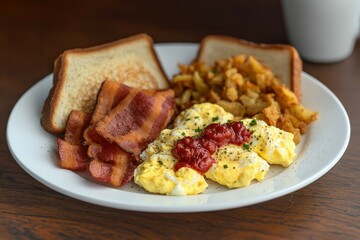 The ultimate All-American breakfast awaits! Fluffy scrambled eggs, crispy bacon, golden-brown potatoes, and perfectly toasted bread.