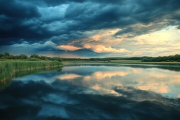 Dramatic Sky Reflected in Calm Lake Waters