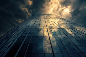 Fototapeta premium Glass Facade of a Skyscraper Reflecting Stormy Clouds