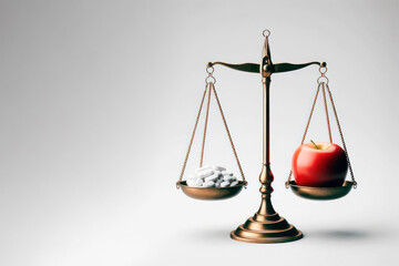 An apple and pills on the scales. Space for text.