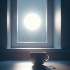 A cup against the background of a window with bright moonlight.